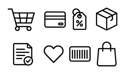 Shopping icons: cart, credit card, discount tag, box, receipt, heart, barcode, bag.