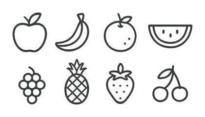 Minimalist black and white line art of various fruits including apple and banana.