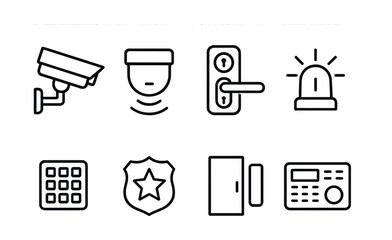 Security system icons collection featuring camera, alarm, lock, and access control elements.