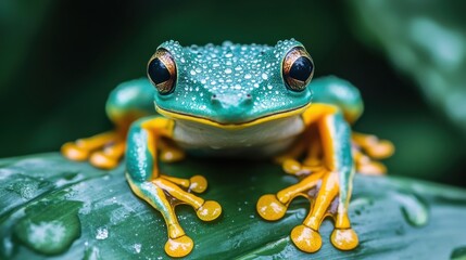 Fototapeta premium Colorful frog resting on a leaf in a damp forest while raindrops glisten on its vibrant skin