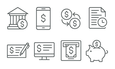 Banking and finance icons set featuring money transfers and savings.