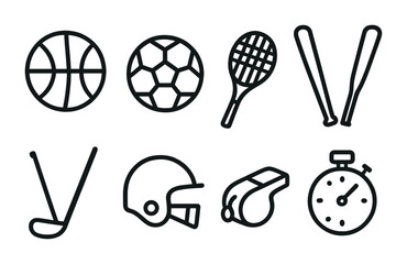 Icon set of popular sports equipment: basketball, soccer, tennis, baseball, golf, football, whistle, stopwatch.