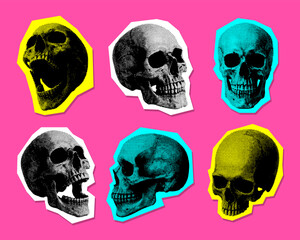 Seamless pattern with halftone human skulls in vibrant pop art style, colorful neon illustration with vintage grunge texture, modern graphic design for stickers, t-shirts, and prints