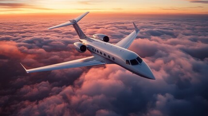 Luxury jet flying above clouds during sunset with vibrant colors reflecting on its wings