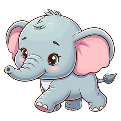 Fototapeta premium Charming cartoon illustration of a cute baby elephant with big, adorable eyes, large ears, and a playful expression, taking a step. Represents adorable animals, wildlife, and children's themes.