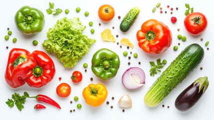 Colorful Fresh Vegetables on White Background, Overhead View with Artistic Layout and Sharp Details
