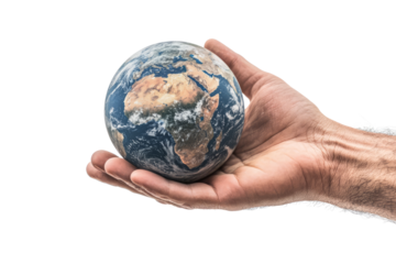 Conceptual Photo of Earth Globe in Human Hand Against Transparent Background Representing Environmental Protection and Global Responsibility for a Sustainable Future of Blue Planet
