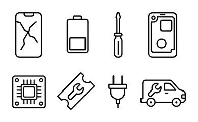 Electronics repair icons set: broken phone, battery, screwdriver, repair ticket, plug, microchip, service van.