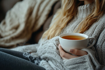 Woman holding a cup of tea, sitting on a cozy sofa in front of a fireplace. Warm, relaxed atmosphere with soft lighting and a book by her side.