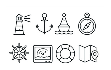 Nautical icon set featuring lighthouse anchor buoy compass wheel radar lifebuoy map.