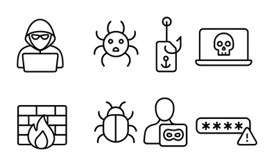 Cybersecurity icons: hacker, virus, phishing, firewall, and secure access symbols.