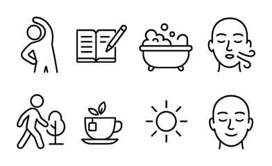 Mindfulness icons: exercise, journaling, relaxation, walking, tea, sun, meditation.