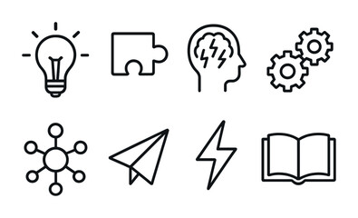 Icons representing ideas, solutions, innovation, and knowledge across various concepts.