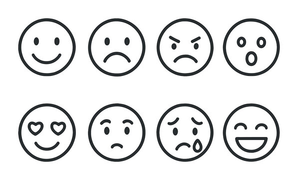 Naklejki Set of eight simple outline emoji faces displaying various emotions.