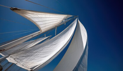 Fototapeta premium Close-up of a sailboat's white sails against a clear blue sky.