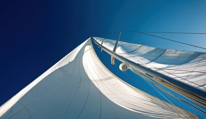 Close-up of a sailboat's sails as they billow against a clear blue sky.
