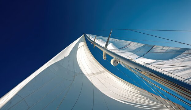 Close-up of a sailboat's sails as they billow against a clear blue sky.