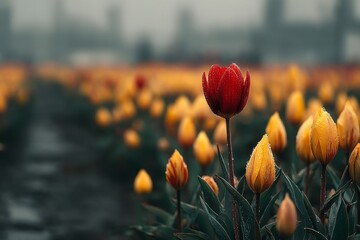 Single perfect red tulip standing taller among yellow tulip field at flower festival