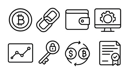 Cryptocurrency icons: bitcoin, blockchain, wallet, exchange, security, contracts.