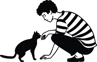 Young Curly Haired Man Squatting with Black Cat on a White Background