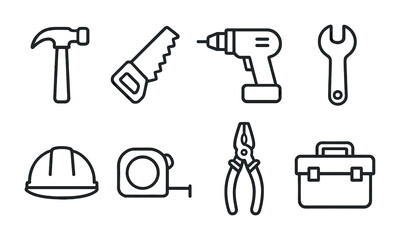 Simple line art of hammer, saw, drill, wrench, helmet, tape measure, pliers, toolbox.