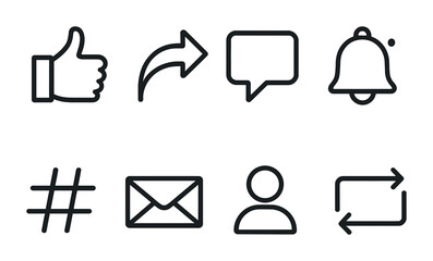 Set of eight minimalist social media icons for communication and interaction.