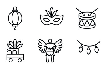 Carnival icons: lantern, mask, drum, float, costume, lights in outline style.