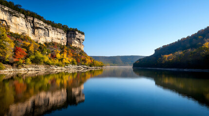 Fototapeta premium Autumn Foliage Reflects On Calm River