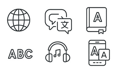 Fototapeta premium Language learning icons featuring globe, chat, book, alphabet, music, smartphone.