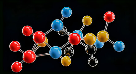 A vibrant molecular model featuring red, blue, yellow, and black spheres linked by silver rods, set against a deep black backdrop. Scientific illustration.
