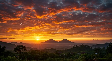 Majestic Volcano Landscape at Sunrise with Fiery Sky and Lush Forest