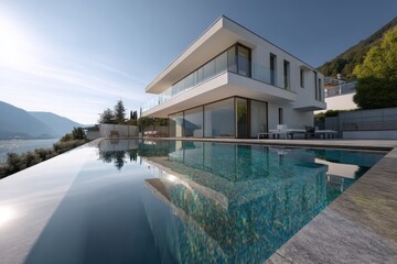 Fototapeta premium Modern luxury villa with infinity pool reflects serene mountain landscape under clear blue skies.
