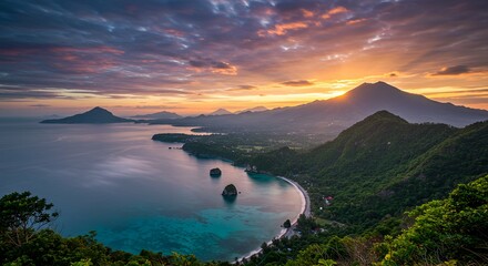 Scenic Island Coastline at Sunset with Mountains and Vibrant Sky