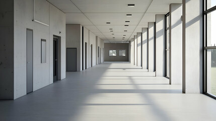 Empty Modern Concrete Hallway With Large Windows