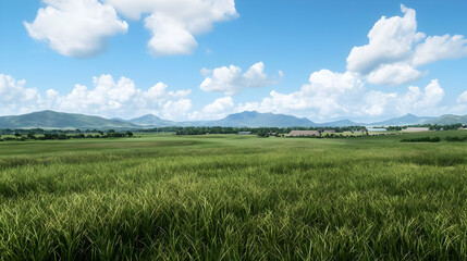Fototapeta premium Wide Green Field Under Sunny Blue Sky
