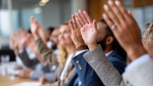 A group of professionals in suits raise their hands in unison during a meeting to show agreement on a decision, during a voting session.