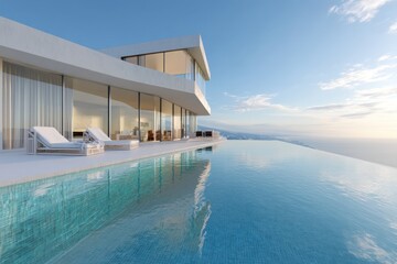 Fototapeta premium Luxurious modern villa with infinity pool overlooking the ocean under a clear blue sky.