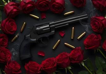 Crimson Contradiction: A Revolver's Shadow Among Roses