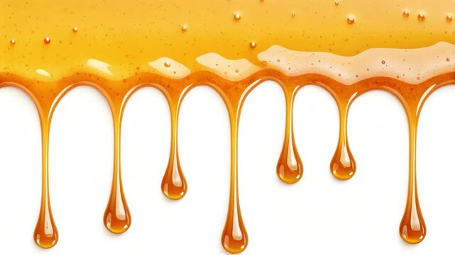 Seamless dripping caramel droplets flowing down liquid sweet sauce on clean white background. Close-up macro shot flowing yellow orange tasty syrup drip. Confectionery, cooking dessert and candies