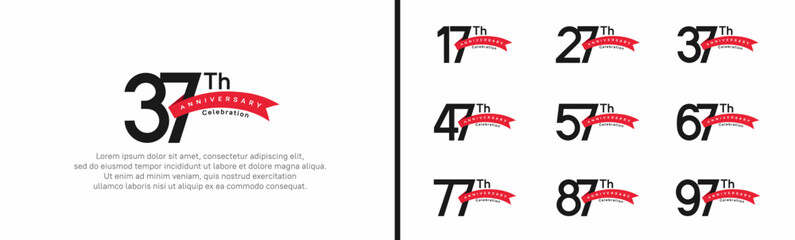 set of anniversary logo style red ribbon. vector design black color for celebration