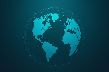 Fototapeta premium Digital globe representation illustrating Earth's continents and interconnected lines against a dark background