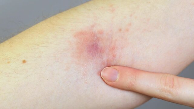 Woman showing  purulent abscess with irritation and dermatitis on hand. Staphylococcus inflammation. Close up, medical video. 4k footage.