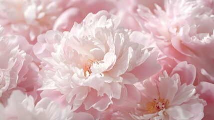 Soft pink peonies bloom gracefully in a lush garden under warm sunlight during springtime, creating a tranquil and vibrant floral display