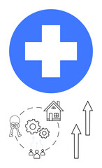 Obraz premium Blue medical cross above house, gears, and keys symbolizing healthcare, teamwork, and housing, with upward arrows for growth. Ideal for healthcare, real estate, progress teamwork development