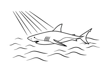 Fototapeta premium Simple Shark Illustration Swimming Underwater With Sun Rays Graphic Outlines