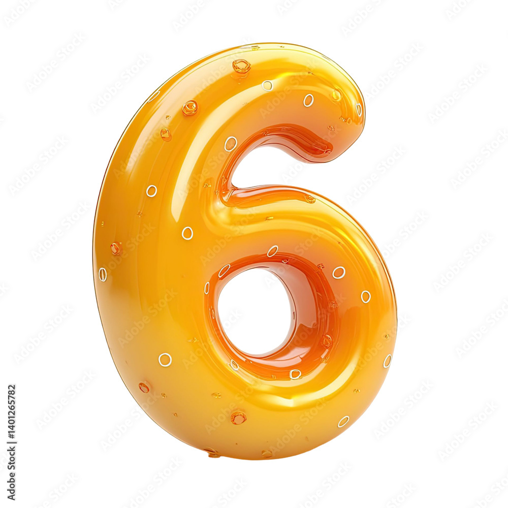 Poster three-dimensional rendering of the number six in glossy orange with scattered dots. the number is is