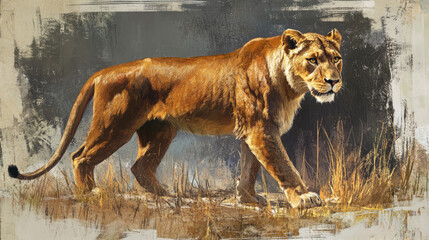 Lioness on the Prowl in a Lush Grassy Habitat with Natural Colors and Intricate Details