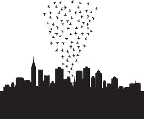 Fototapeta premium city skyline with birds in heart shape silhouette 