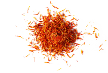 Safflower dry petals, exotic spice isolated on white, top view