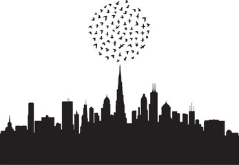 Fototapeta premium city skyline with birds in heart shape silhouette 